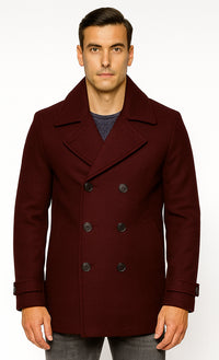 Mens Burgundy  Wine Six Button Wool Peacoat  Car Coat