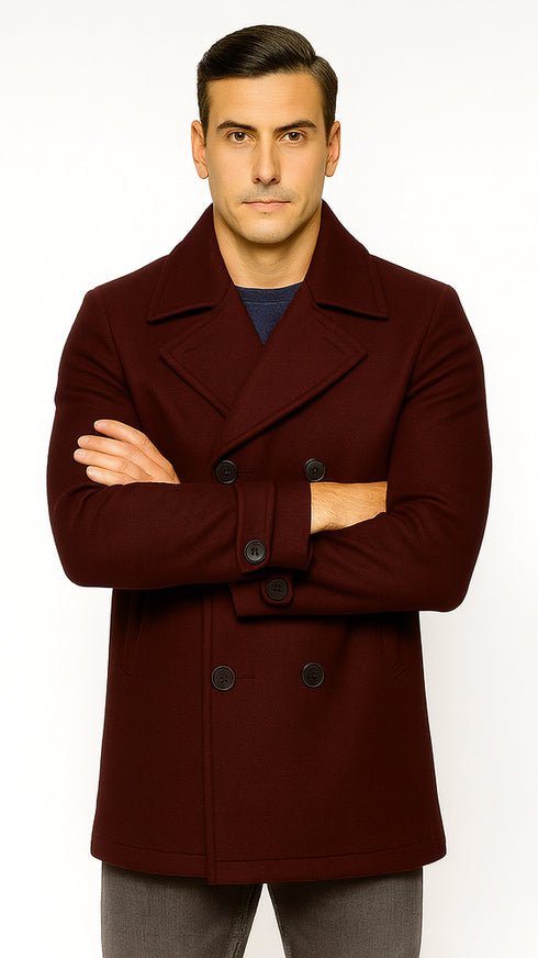 Mens Burgundy  Wine Six Button Wool Peacoat  Car Coat