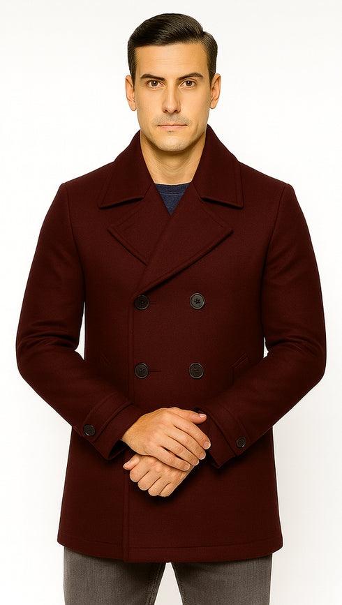 Mens Burgundy  Wine Six Button Wool Peacoat  Car Coat
