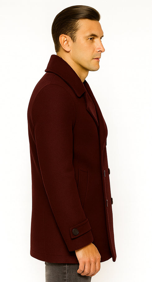 Mens Burgundy  Wine Six Button Wool Peacoat  Car Coat