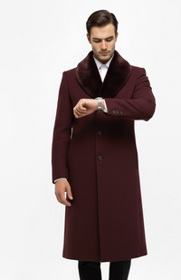 Mens Burgundy Wool coat And Overcoat With Fur Collar