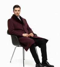 Mens Burgundy Wool coat And Overcoat With Fur Collar