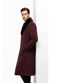 Mens Burgundy Wool coat And Overcoat With Fur Collar