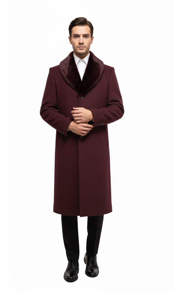 Mens Burgundy Wool coat And Overcoat With Fur Collar – OvercoatUSA