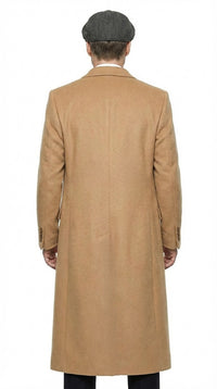 Mens Camel Brown Double Breasted Wool Overcoat + Suit – Peaky Blinders Inspired Vintage Long Trench Coat with Lapel Collar