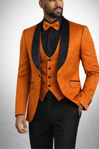 Men’s Designer Burnt Orange Floral Brocade Slim Fit Formal Tuxedo