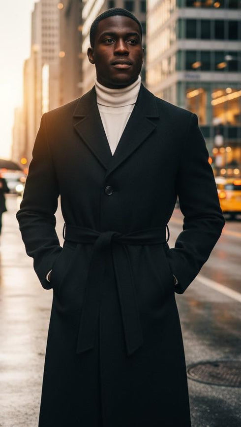 Men's Black Full Length Belted Overcoat Porter