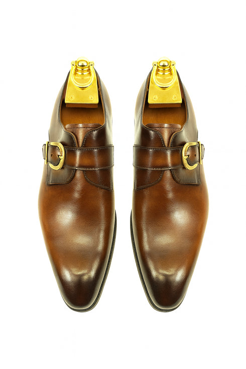 Mens Carrucci Classic Leather Fade Single D-Buckle Monk Strap Dress Shoe in Chestnut
