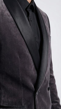 Mens Charcoal Gray Velvet Tuxedo Suit – Luxury Formal Wedding Suit with Black Shawl Lapel for Prom, Party Black Pants
