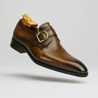 Mens Carrucci Classic Leather Fade Single D-Buckle Monk Strap Dress Shoe in Chestnut