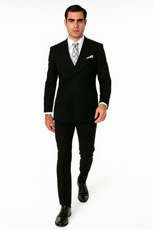 Mens Classic Wool Double Breasted Suit in Black