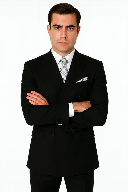 Mens Classic Wool Double Breasted Suit in Black