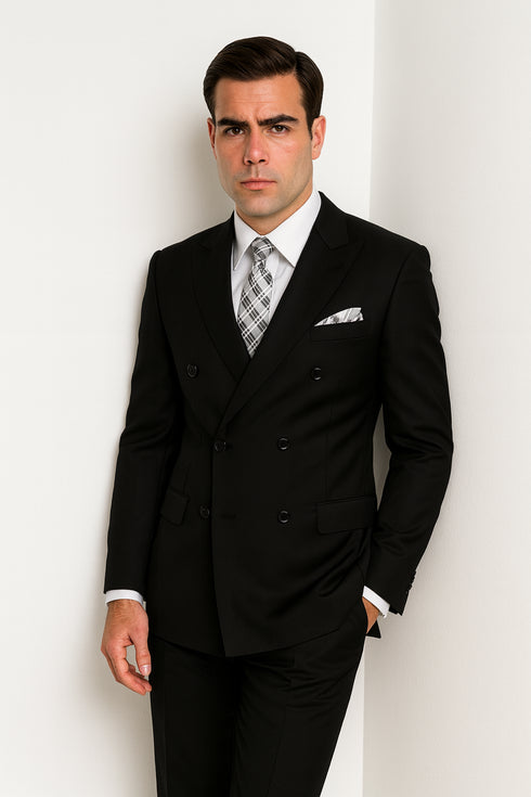 Mens Classic Wool Double Breasted Suit in Black