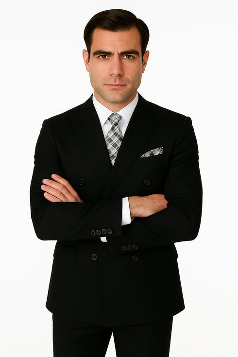 Mens Classic Wool Double Breasted Suit in Black