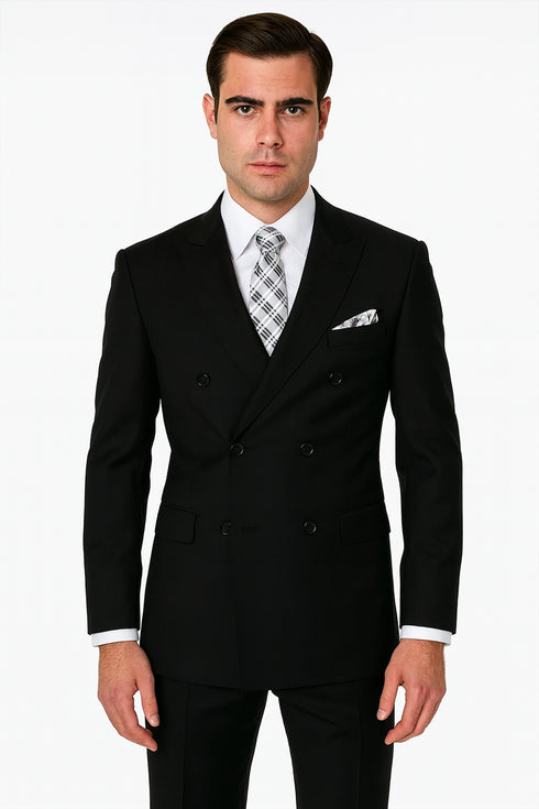 Mens Classic Wool Double Breasted Suit in Black