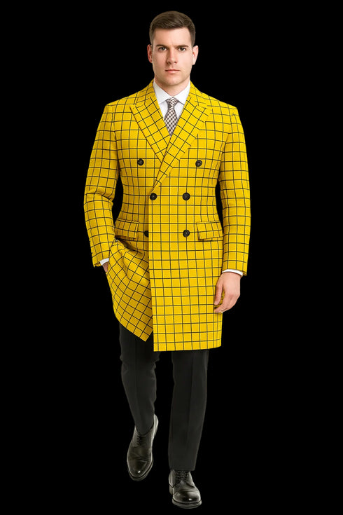 Mens Plaid Overcoat - Wool Peacoat - Plaid Topcoats Yellow