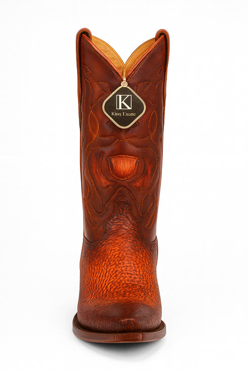 Men's King Exotic Snip Toe Sharkskin Boots Handcrafted Burnished Cognac (494RD0903)