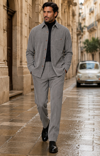Mens Corduroy Shirt and Pants Walking Suit in Winter Cotton Fabric Casual in Color Grey leisure Style