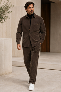 Mens Corduroy Shirt and Pants Walking Suit in Winter Cotton Fabric Casual in Color Mocca Choclate brownleisure Style