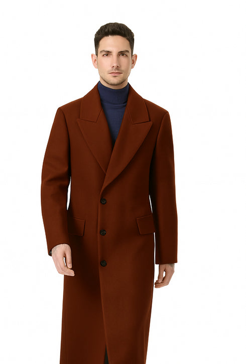 Mens Dark Brown full length wool overcoat -Full length Mens Topcoat - Full length coat