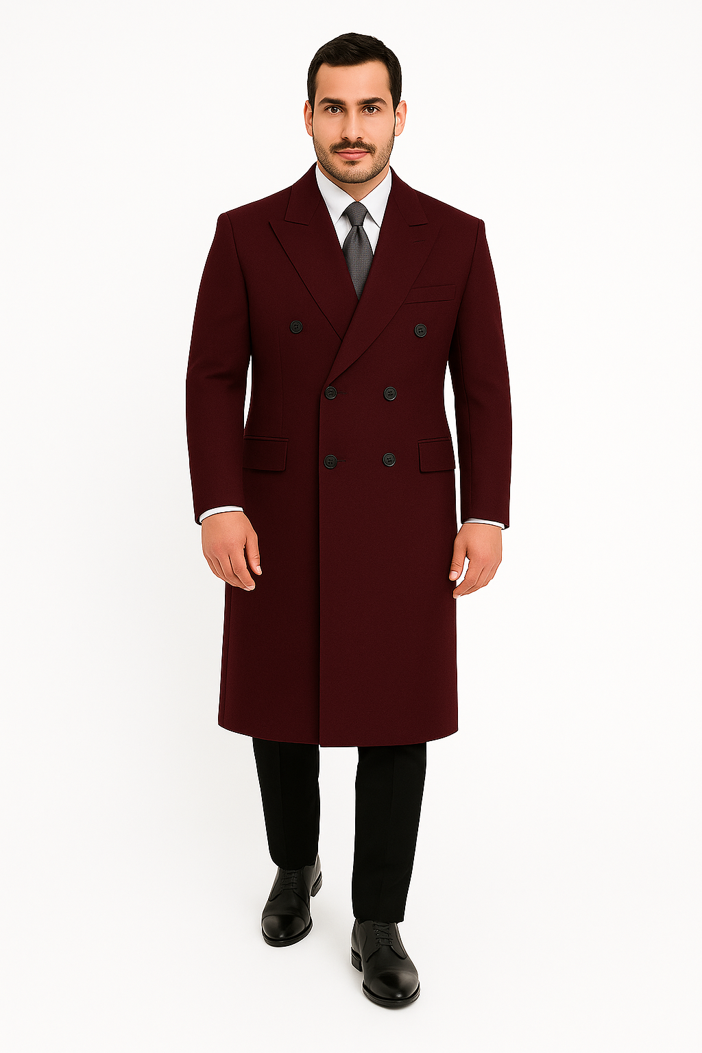 Mens Dark Burgundy Full Length Wool Overcoat-Topcoat – OvercoatUSA
