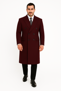 Mens Dark Burgundy Full Length Wool Overcoat-Topcoat