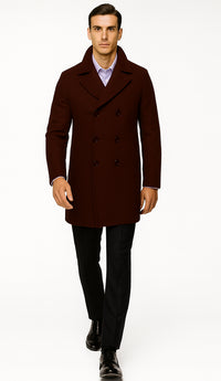 Mens Dark Burgundy Peacoat Slim Fit Fitted Wool Peacoat