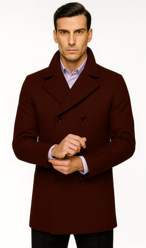 Mens Dark Burgundy Peacoat Slim Fit Fitted Wool Peacoat