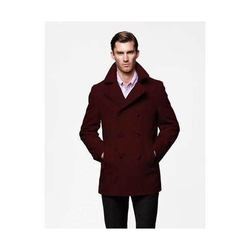 Mens Dark Burgundy Peacoat Slim Fit - Fitted Wool Peacoat - Slim Cut