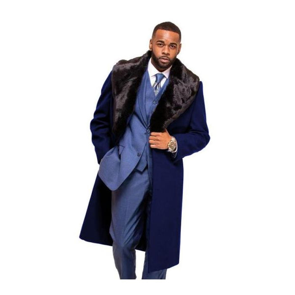 NAVY BLUE OVERCOAT FUR COLLAR IN CASHMERE AND WOOL