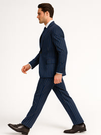 Men's Dark Navy Blue ~ White Mars Vested Peak Lapel Gangster Bold PinStripe Suit