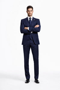 Men's Dark Navy Blue ~ White Mars Vested Peak Lapel Gangster Bold PinStripe Suit