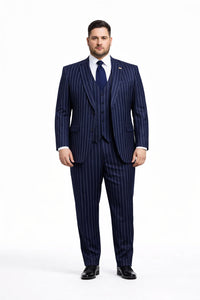 Men's Dark Navy Blue ~ White Mars Vested Peak Lapel Gangster Bold PinStripe Suit