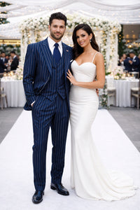 Men's Dark Navy Blue ~ White Mars Vested Peak Lapel Gangster Bold PinStripe Suit