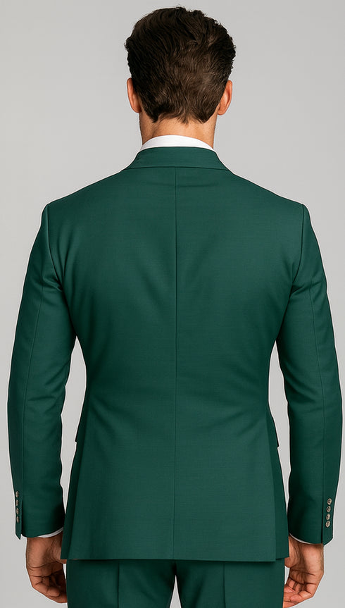 Mens  Designer Modern Fit Double Breasted Wool Suit with Gold Buttons in Hunter Green