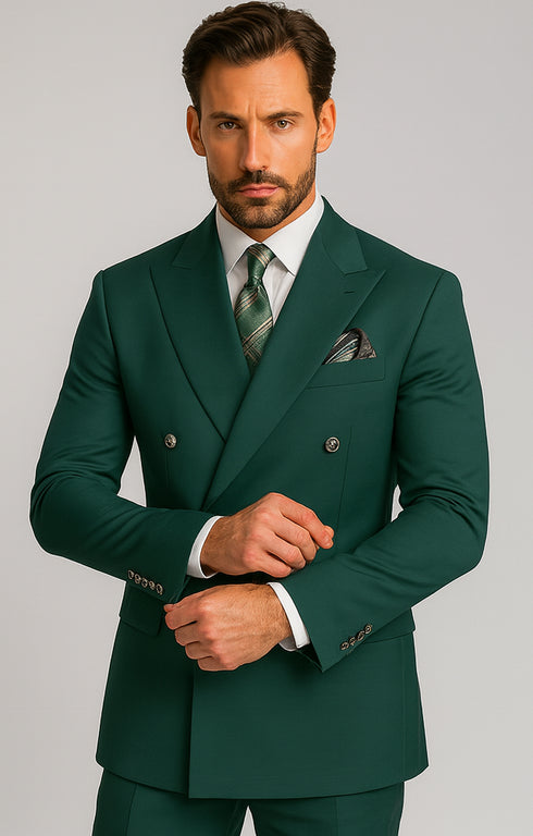 Mens  Designer Modern Fit Double Breasted Wool Suit with Gold Buttons in Hunter Green