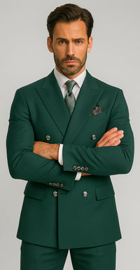 Mens  Designer Modern Fit Double Breasted Wool Suit with Gold Buttons in Hunter Green