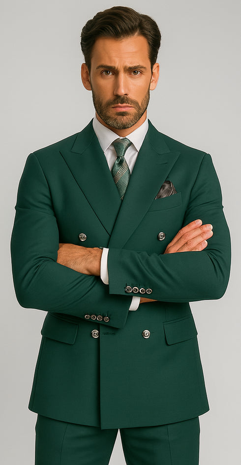 Mens  Designer Modern Fit Double Breasted Wool Suit with Gold Buttons in Hunter Green