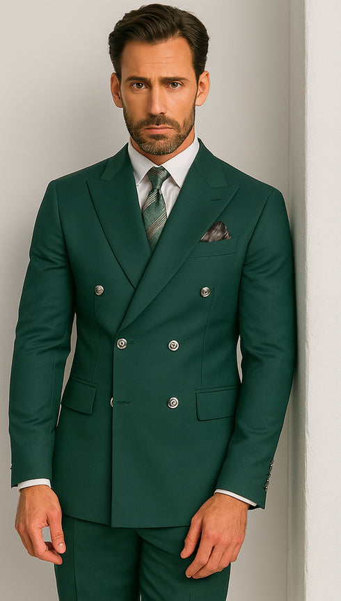 Mens  Designer Modern Fit Double Breasted Wool Suit with Gold Buttons in Hunter Green