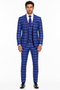 Men's Designer Two Button Modern Fit Vested Wool Suit in Indigo Blue Glen Plaid