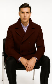 Men's Designer Wool Peacoat Sale Available Fabric Double Breasted Style Coat In Dark Burgundy
