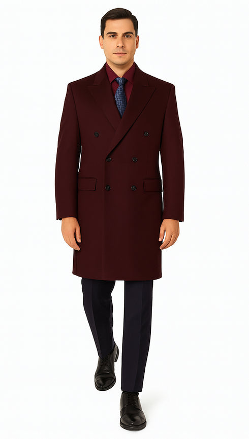 Men's  Double Breasted Burgundy ~ Wool men's Car Coat Mid Length Three quarter length coat ~ Designer men's Wool Peacoat Sale