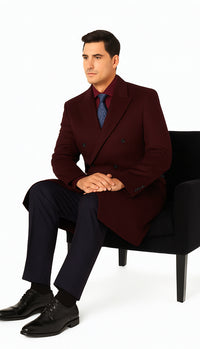 Men's  Double Breasted Burgundy ~ Wool men's Car Coat Mid Length Three quarter length coat ~ Designer men's Wool Peacoat Sale