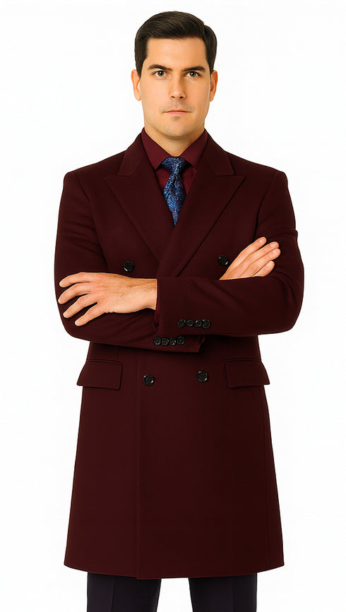 Men's  Double Breasted Burgundy ~ Wool men's Car Coat Mid Length Three quarter length coat ~ Designer men's Wool Peacoat Sale
