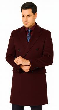 Men's  Double Breasted Burgundy ~ Wool men's Car Coat Mid Length Three quarter length coat ~ Designer men's Wool Peacoat Sale