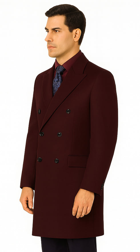 Men's  Double Breasted Burgundy ~ Wool men's Car Coat Mid Length Three quarter length coat ~ Designer men's Wool Peacoat Sale