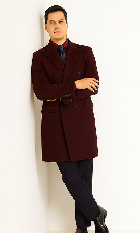 Men's  Double Breasted Burgundy ~ Wool men's Car Coat Mid Length Three quarter length coat ~ Designer men's Wool Peacoat Sale