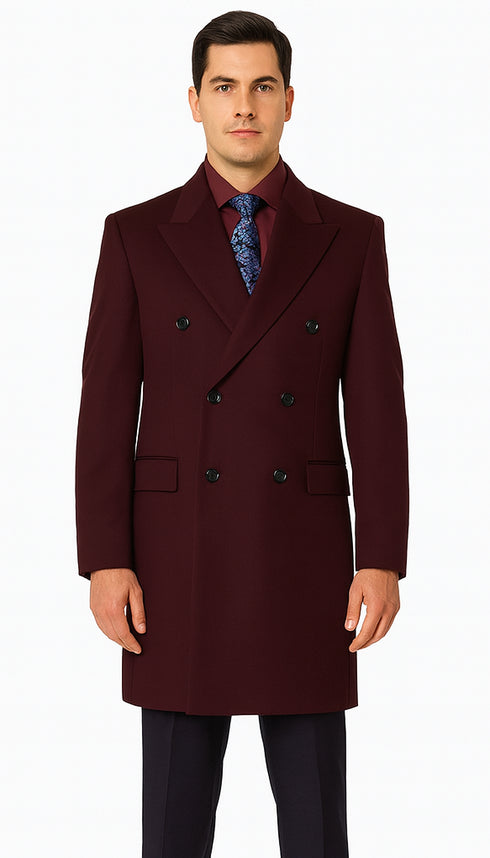 Men's  Double Breasted Burgundy ~ Wool men's Car Coat Mid Length Three quarter length coat ~ Designer men's Wool Peacoat Sale
