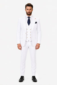 Men's White Statement Ticket Pocket Peak Lapel Wool Double Breasted Vest Suit with Gold Buttons – Modern Fit