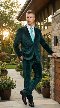 Mens Emerald Green Teal Blue Velvet Suit – Luxury Two Piece Formal Evening Suit